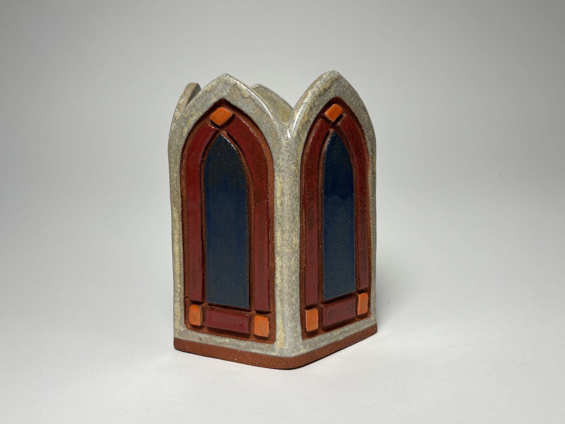 Gothic arch vase, deep red and navy stained-glass glaze