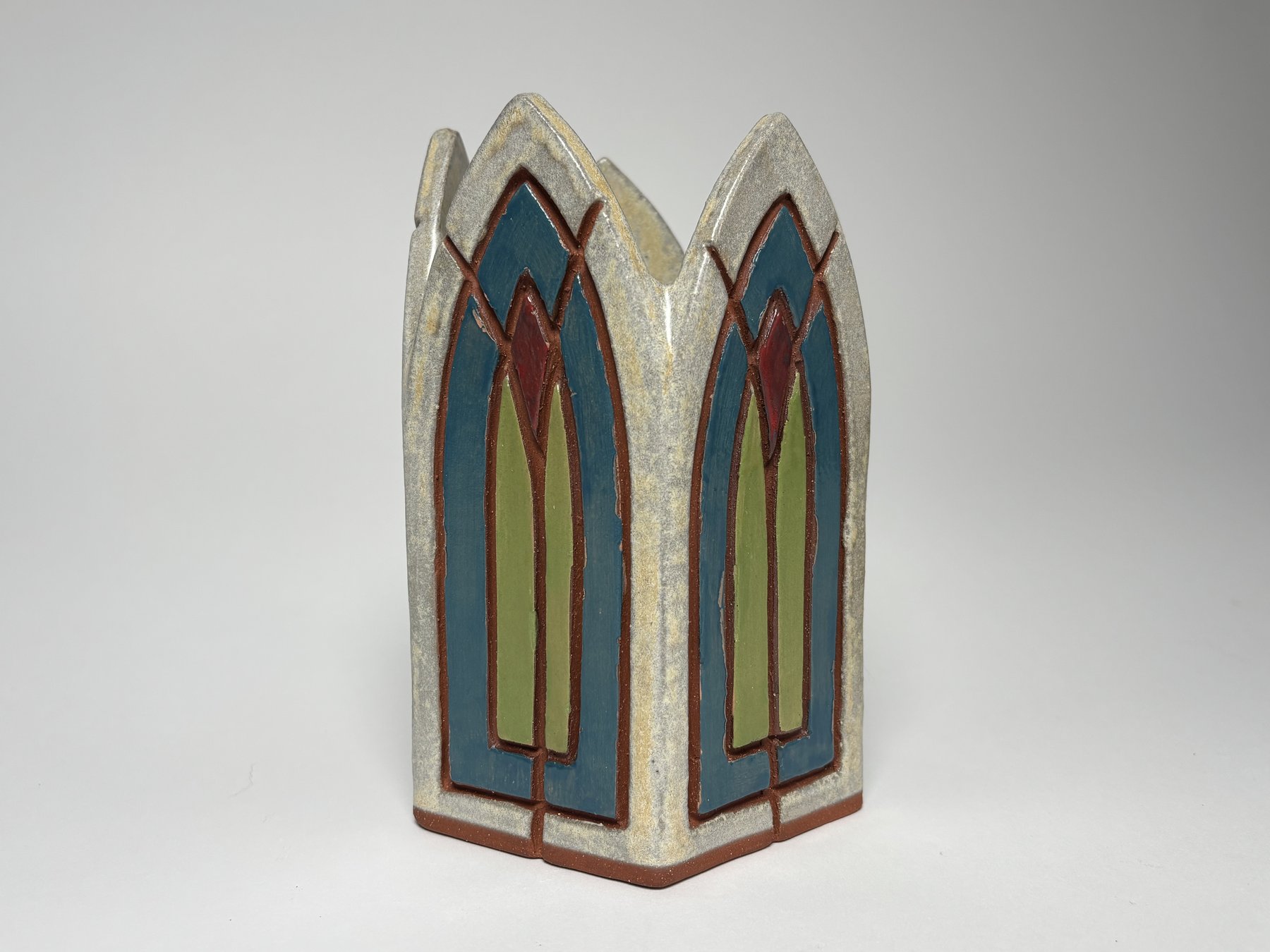 Gothic arch vase, teal and olive stained-glass glaze