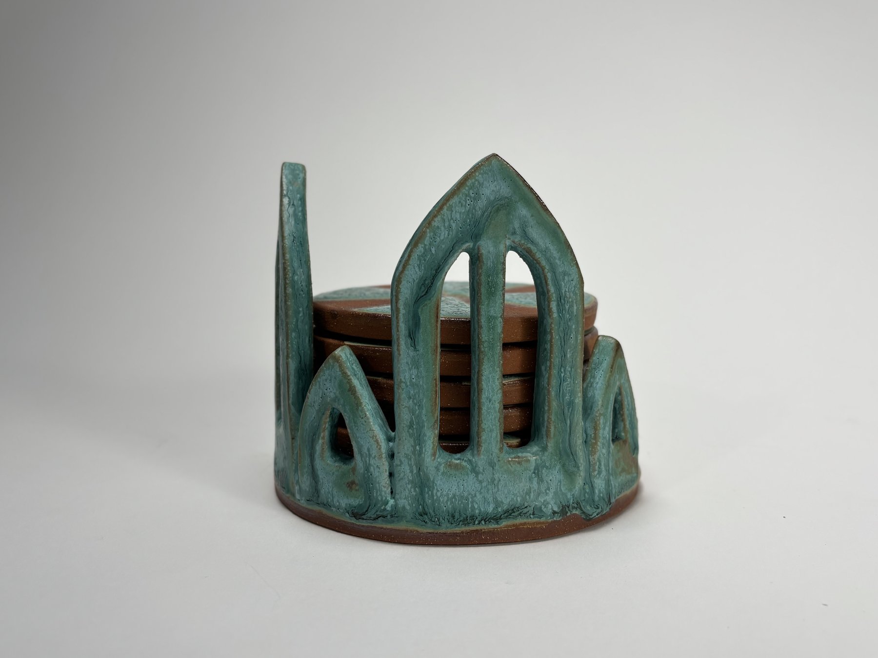 Teal arch coaster set, multiple views