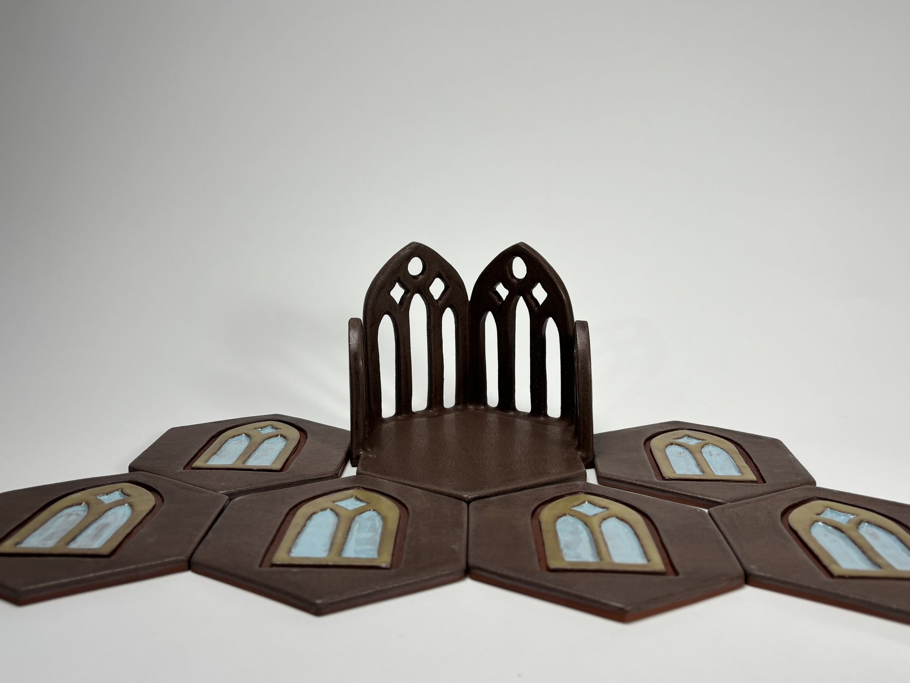 Hexagon tile coaster set with matching arch holder